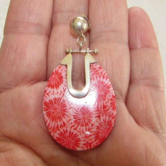 Sterling Silver Sponge Coral Oval Post Earrings - NEW - Picture 3 of 3
